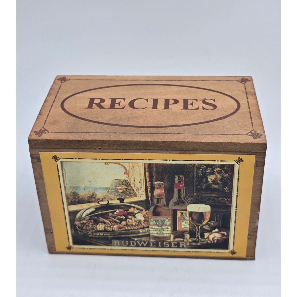 Vintage Wooden Budweiser Recipe Box Brown Beer Rustic Memorabilia Organizer